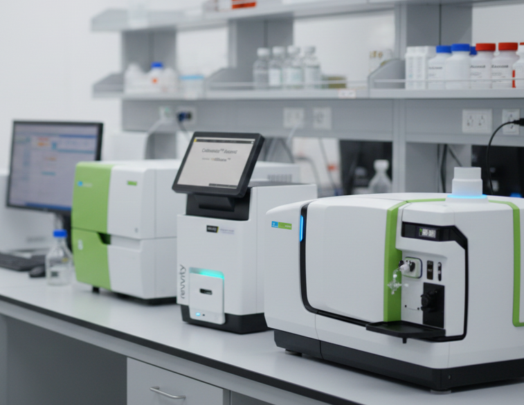 Per-Form Kft. – analitikai eszközök Perform Kft - Modern laboratóriumi munkapad, rajta egymás mellett elhelyezett fehér–zöld színű analitikai műszerekkel és digitális kijelzőkkel, a háttérben polcokon tárolt laboratóriumi eszközökkel és palackokkal.