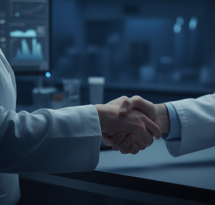 Szakértőktől szakértőknek. Két laboratóriumi köpenyt viselő szakember kézfogása modern, technológiai környezetben, a háttérben digitális kijelzőkkel és adatelemzésekkel.
