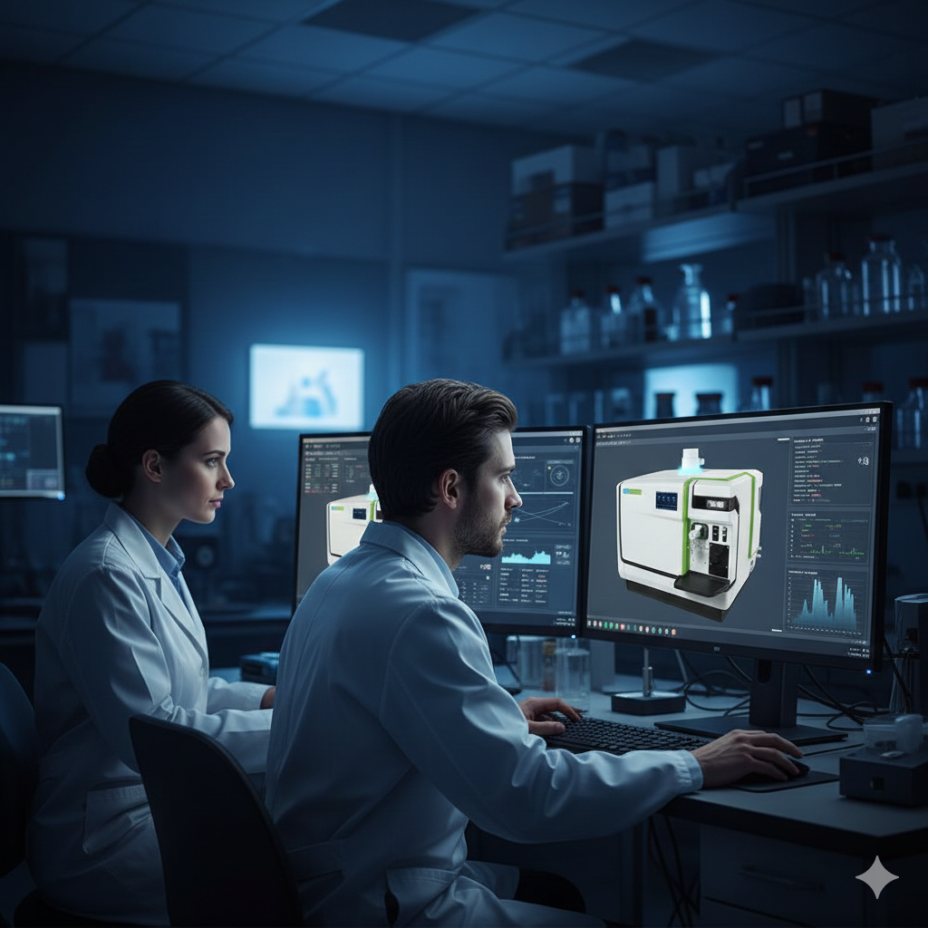 Kiemelkedő szakmai támogatás Laboratóriumi köpenyt viselő kutatók számítógépeken dolgoznak, miközben analitikai műszer digitális modelljét és adatvizualizációkat elemeznek modern laboratóriumi környezetben.