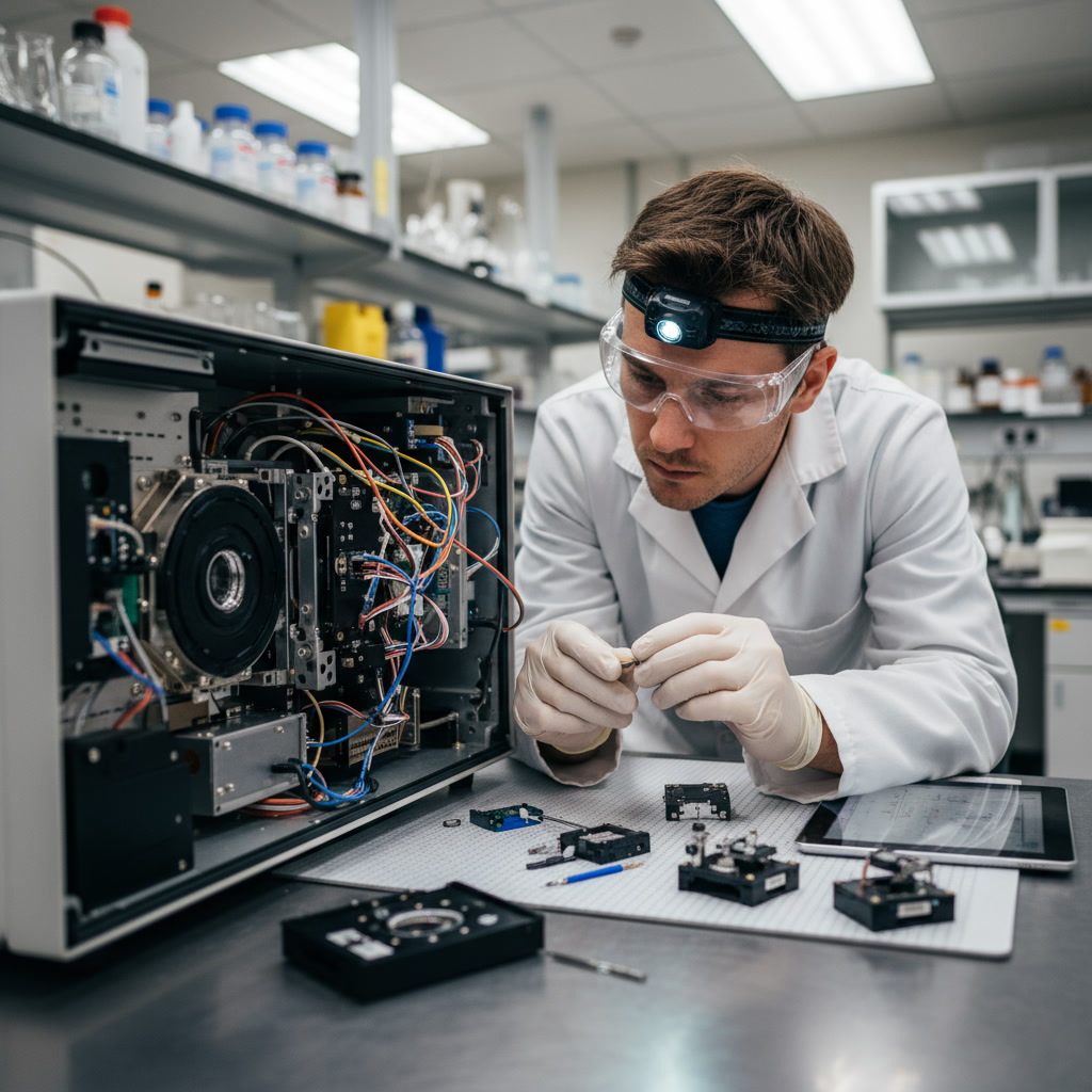 Szervizháttér. Laboratóriumi köpenyt és fejlámpát viselő szakember elektronikai eszközt szerel és javít, apró alkatrészekkel dolgozva modern laboratóriumi környezetben.